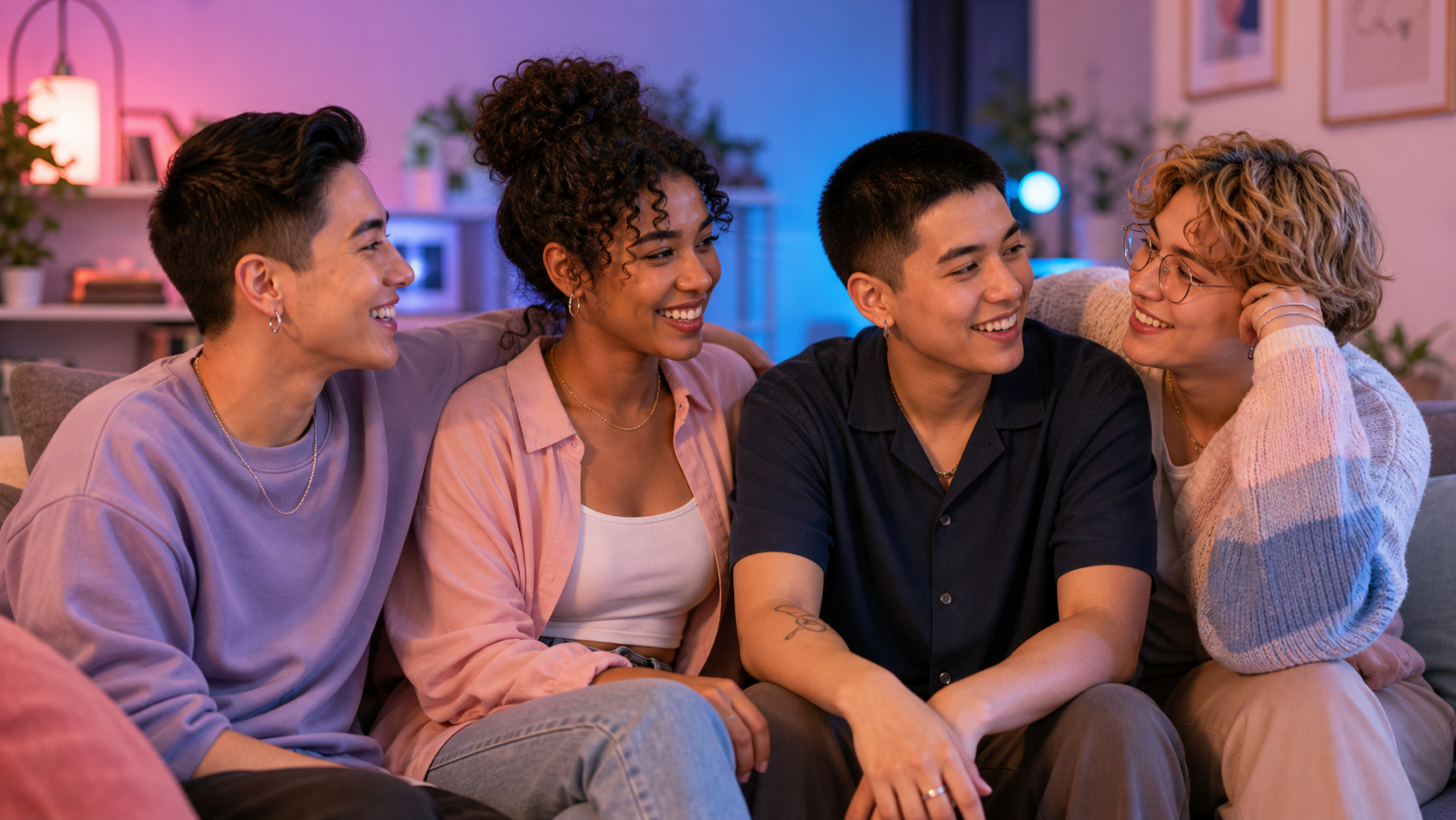 A diverse group of LGBTQ+ friends smiling together