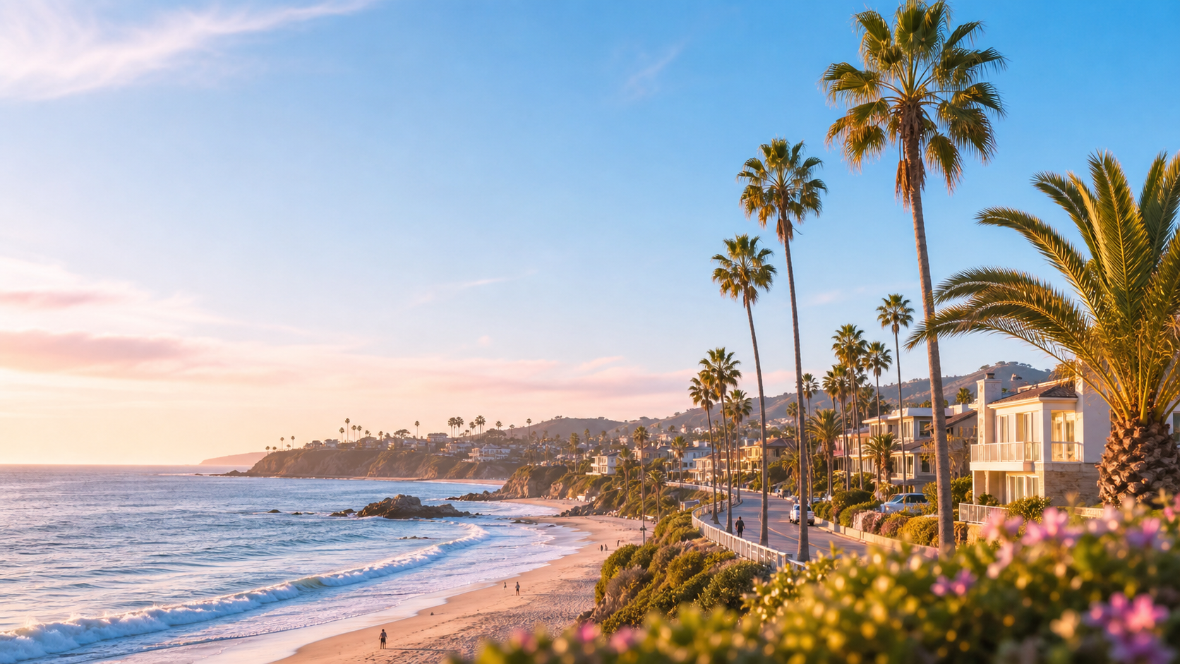 Sunny California coastline with palm trees